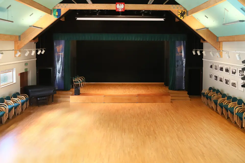 Sala teatralna z widownią składającą się z niebiesko-żółtych krzeseł skierowanych ku dużej, drewnianej scenie z ciemną kurtyną w tle. Po lewej stronie sceny stoi czarne fortepiano, a nad sceną widać oświetlenie sceniczne.