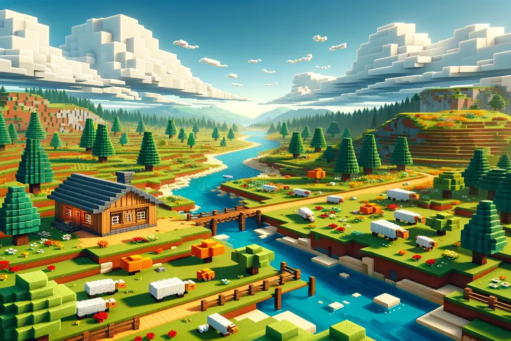 Zrzut ekranu z gry Minecraft: Kolorowa sceneria w stylu pikselowym przedstawiająca idylliczną wioskę z drewnianym domkiem, otoczona drzewami, krzewami i kwiatami. Rzeka płynie przez krajobraz, obok której widać pastwiska z białymi owcami i pola uprawne. W tle majestatyczne, chmurokształtne góry pod niebieskim niebem.